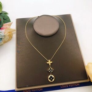 Louis Vuitton Gold Necklace with Black Enamel Floral Charms